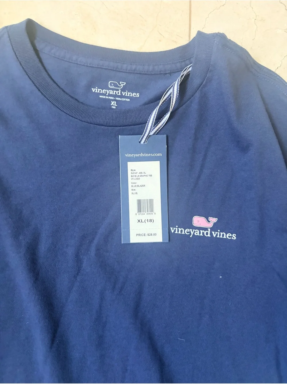 Boy’s Vineyard Vines long-Sleeve Crewneck Tee in Navy with Pink Whale Logo - XL
